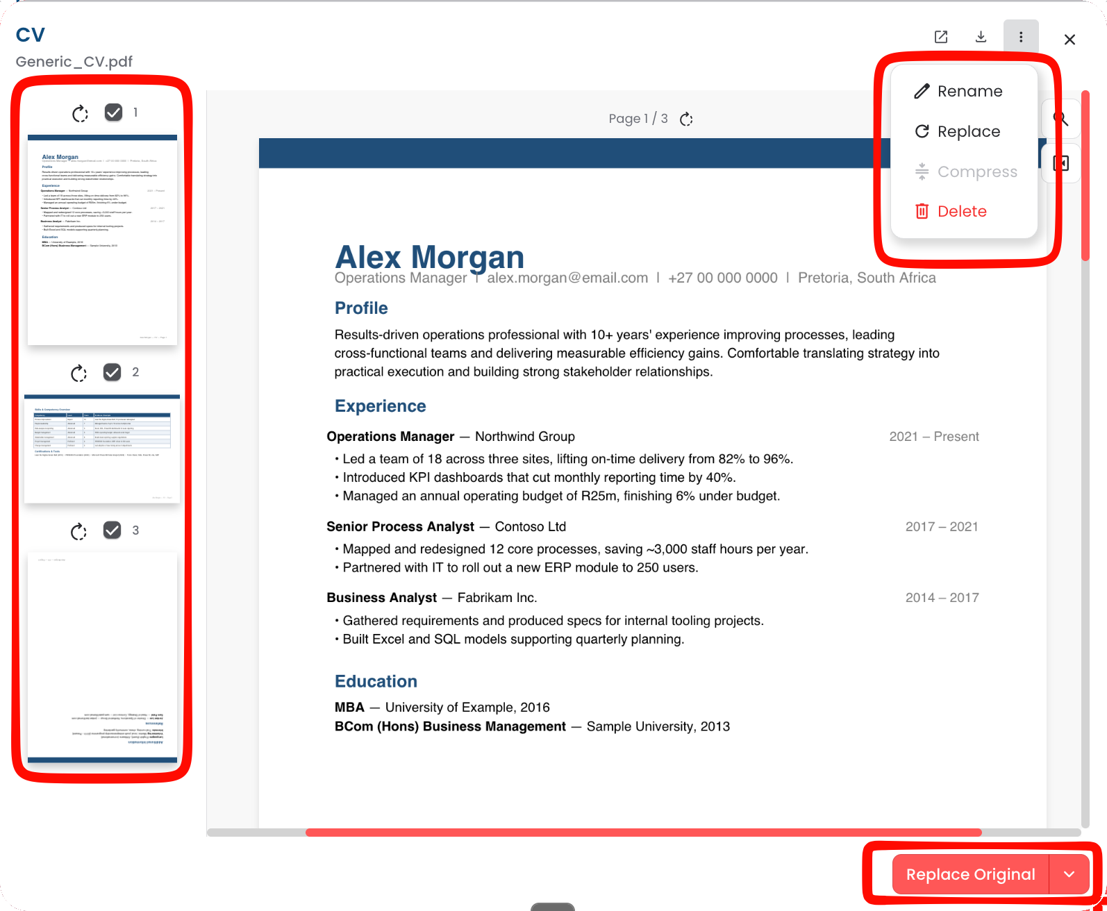 The document viewer with page rotation, page selection and the Replace Original button
