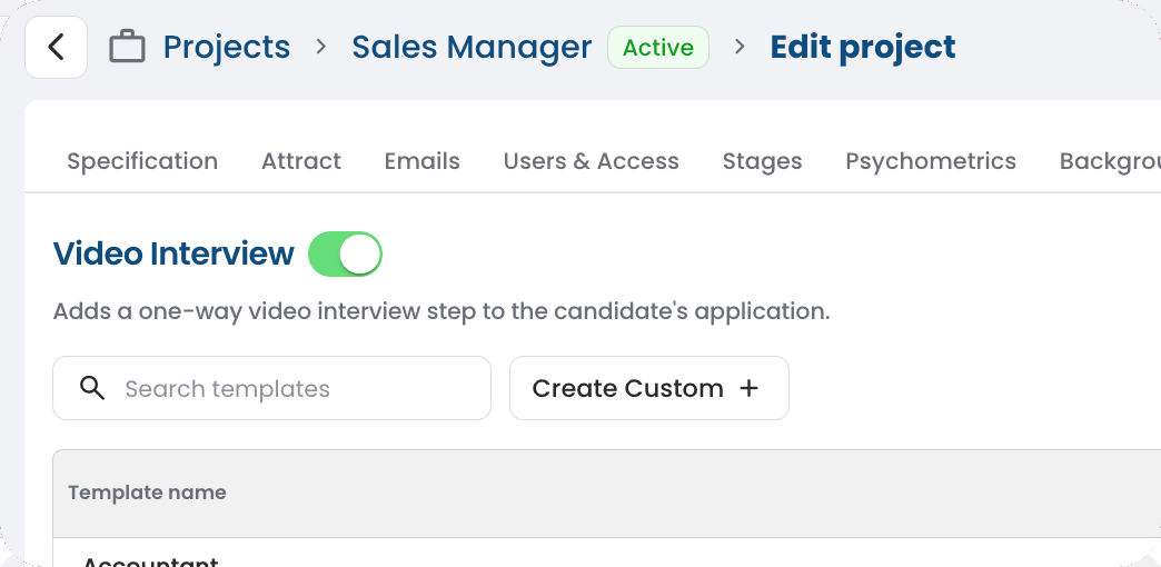 The Video Interview tab of a project with the Enable Video Interview switch