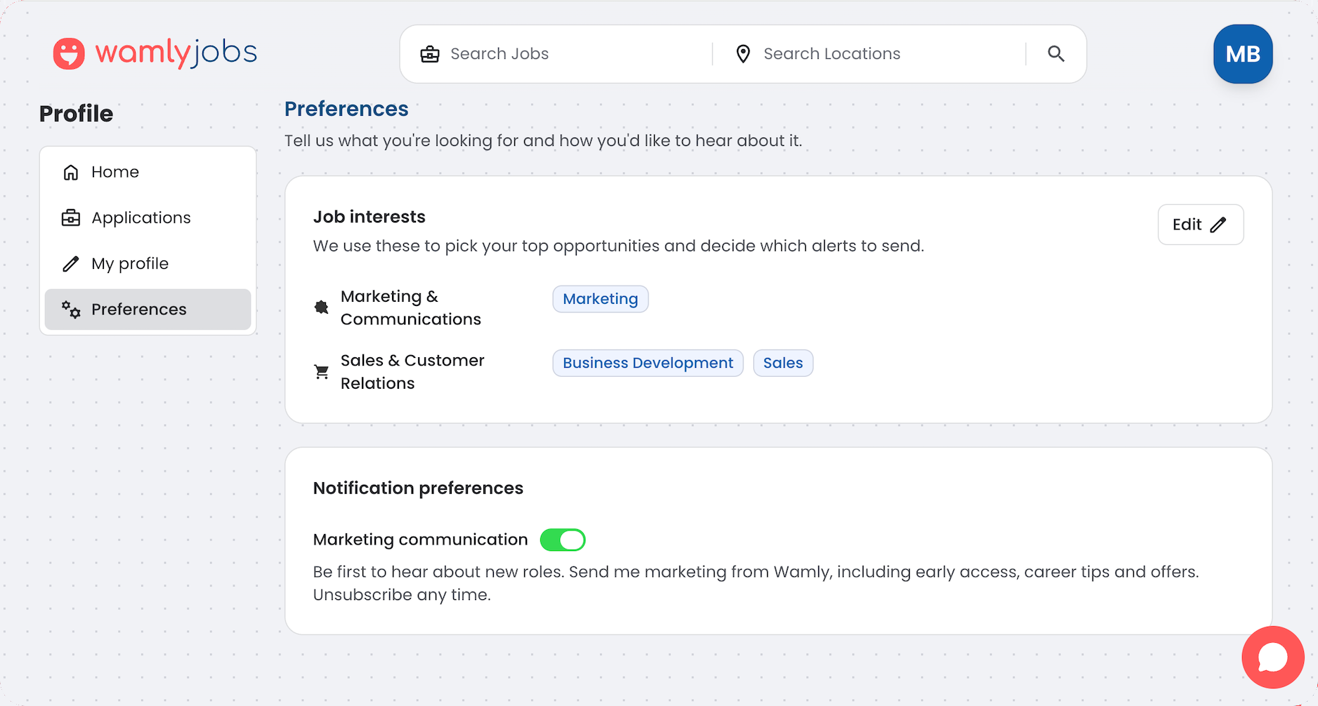 The Preferences page on a Wamlyjobs profile showing job interests